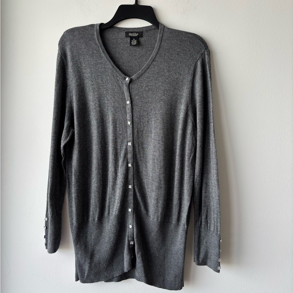 Peck & Peck Cardigan Sweater Gray Rhinestone Button Cotton Blend Womens XL